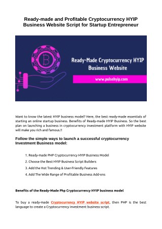 Ready-made and Profitable Cryptocurrency HYIP Business Website Script for Startup Business