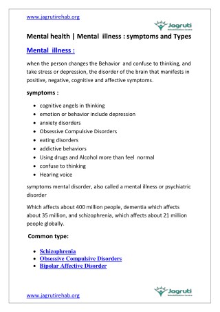 Mental illness | symptoms and Types | Jagruti Rehab Centre