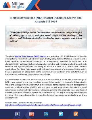 Methyl Ethyl Ketone (MEK) Market Dynamics, Growth and Analysis Till 2024