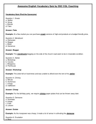 Awesome English Vocabulary Quiz by SSC CGL Coaching