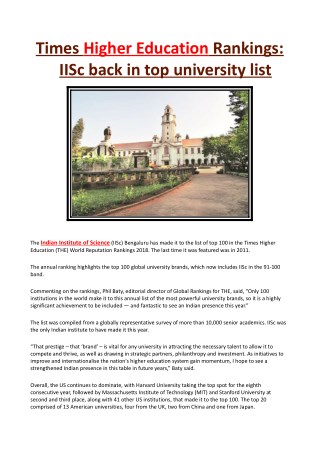 Times higher education rankings iisc back in top university list