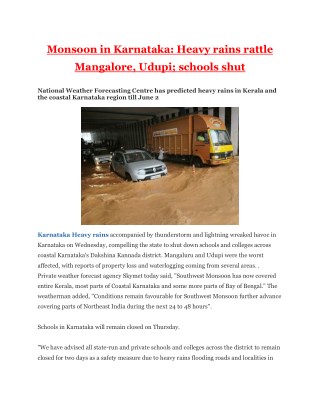 Monsoon in Karnataka: Heavy rains rattle Mangalore, Udupi; schools shut
