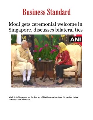 Modi gets ceremonial welcome in Singapore, discusses bilateral tiesÂ 