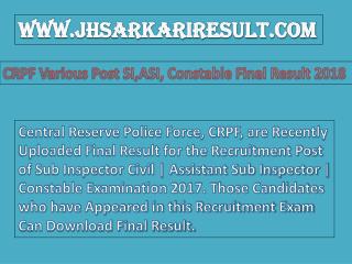 CRPF Various Post SI,ASI, Constable Final Result 2018