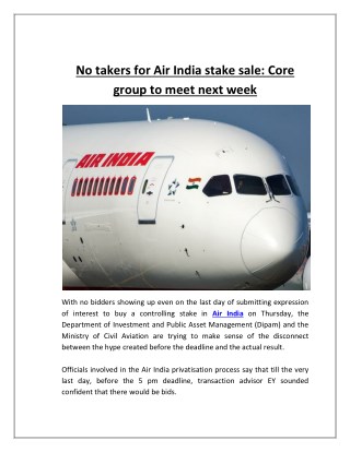 No Takers for Air India Stake Sale Core Group to Meet Next Week