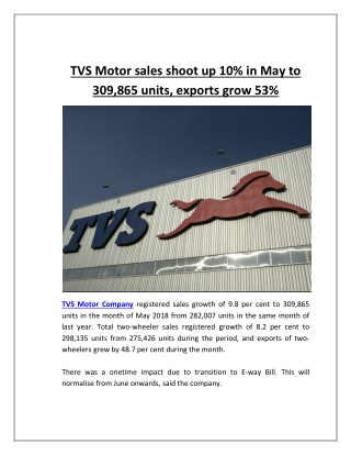 TVS Motor Sales Shoot Up 10% in May to 309,865 Units, Exports Grow 53%