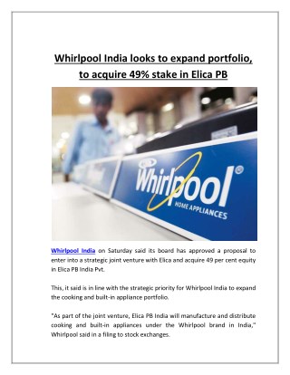 Whirlpool India Looks to Expand Portfolio, To Acquire 49% Stake in Elica PB