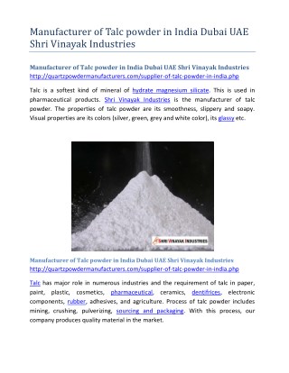 Manufacturer of Talc powder in India Dubai UAE Shri Vinayak Industries