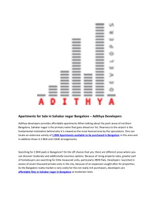 Apartments for Sale in Sahakar nagar Bangalore â€“ Adithya Developers