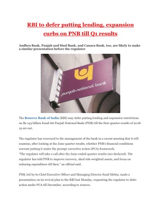 RBI to defer putting lending, expansion curbs on PNB till Q1 results