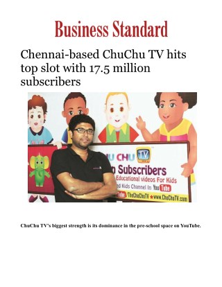 Chennai-based ChuChu TV hits top slot with 17.5 million subscribersÂ 