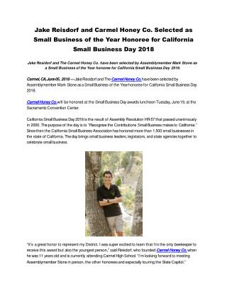 Jake Reisdorf and Carmel Honey Co. Selected as Small Business of the Year Honoree for California Small Business Day 2018