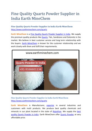 Fine Quality Quartz Powder Supplier in India Earth MineChem