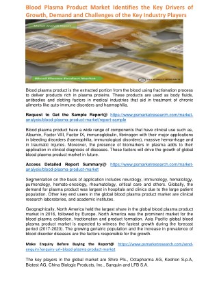 Blood Plasma Product Market Identifies the Key Drivers of Growth, Demand and Challenges of the Key Industry Players