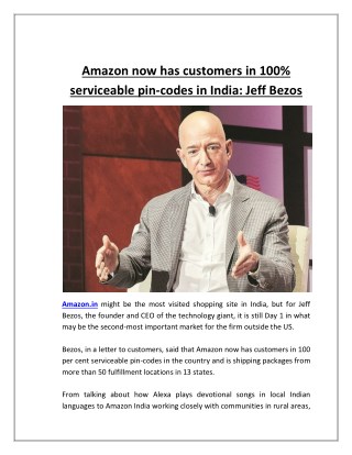Amazon now has customers in 100% serviceable pin codes in india jeff bezos