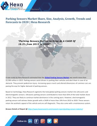 Global Parking Sensors Industry Growth, Demand and Forecast Report to 2020