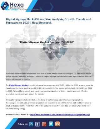 Digital Signage Market Research and Global Industry Analysis Report, 2020