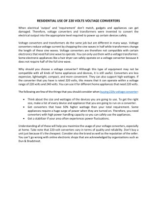 RESIDENTIAL USE OF 220 VOLTS VOLTAGE CONVERTERS