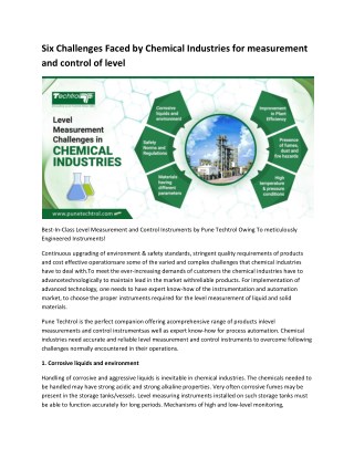 Six Challenges Faced by Chemical Industries for measurement and control of level