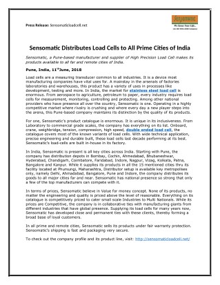 Sensomatic Distributes Load Cells to All Prime Cities of India