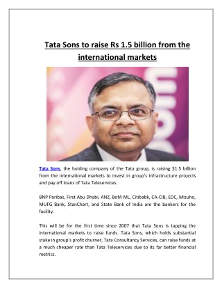 Tata sons to raise rs 1 5 billion from the international markets