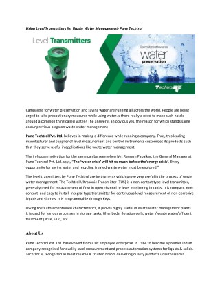 Using Level Transmitters for Waste Water Management- Pune Techtrol