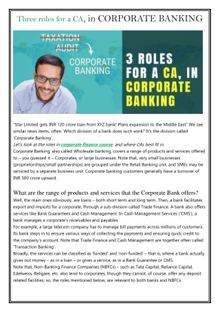 Three roles for a CA, in CORPORATE BANKING