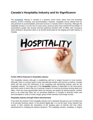 Canadaâ€™s Hospitality Industry and its Significance