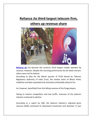 Reliance Jio Third-largest Telecom Firm, Others Up Revenue Share