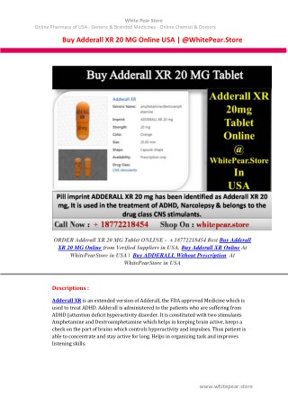 Buy Adderall XR 20 MG Online USA | @WhitePear.Store