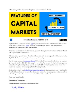 Indian Money leads market review Bangalore - Features of Capital Market