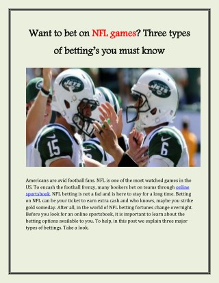 Want to bet on NFL games? Three types of bettingâ€™s you must know