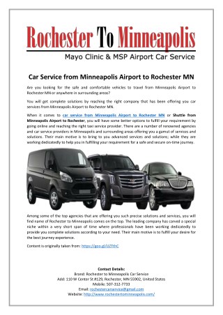 Car Service from Minneapolis Airport to Rochester MN