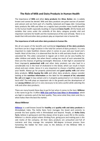 Role of Milk and Dairy Products in Human Health