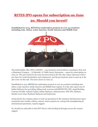 RITES IPO opens for subscription on June 20. Should you invest?