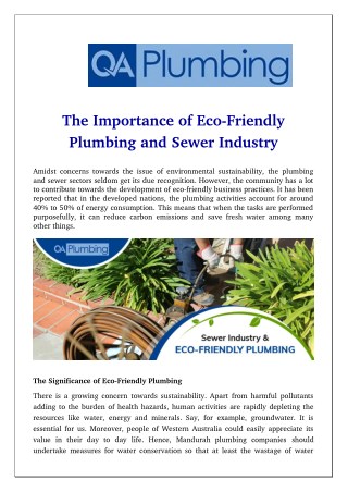 The Importance of Eco-Friendly Plumbing and Sewer Industry