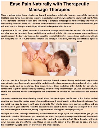 Ease Pain Naturally with Therapeutic Massage Therapies
