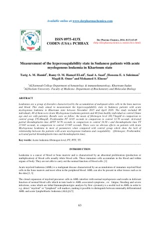Measurement of the hypercoagulability state in Sudanese patients with acute myelogenous leukemia in Khartoum state