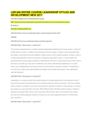 LDR 600 ENTIRE COURSE LEADERSHIP STYLES AND DEVELOPMENT NEW 2017