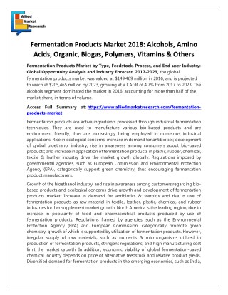 Fermentation Products Market 2018 : Alcohols, Amino Acids, Organic, Biogas, Polymers, Vitamins & Others