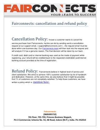 Fairconnects Cancellation and Refund policy