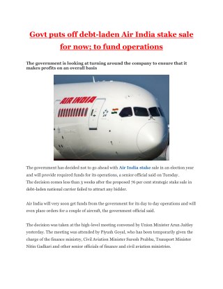 Govt puts off debt-laden Air India stake sale for now; to fund operations