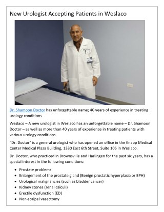Dr. Shamoon doctor a new urologist in Weslaco has an unforgettable name