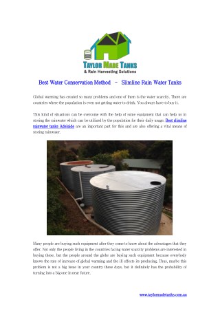 Best Water Conservation Method â€“ Slimline Rain Water Tanks