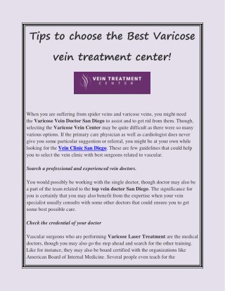 Tips to choose the Best Varicose vein treatment center