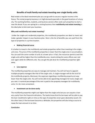Benefits of multi family real estate investing over single family units