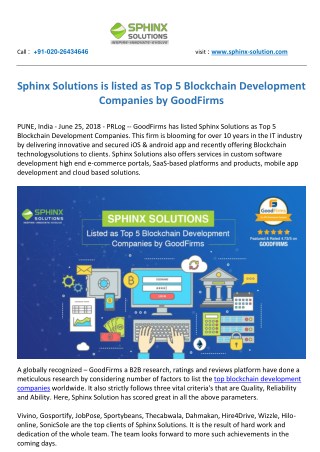 Sphinx Solutions is listed as Top 5 Blockchain Development Companies by GoodFirms
