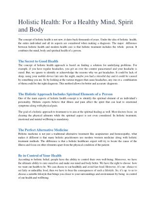 Holistic Health: For a Healthy Mind, Spirit and Body