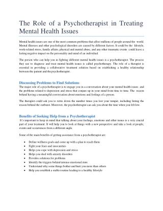 The Role of a Psychotherapist in Treating Mental Health Issues