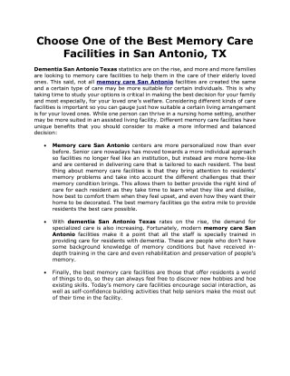 Choose One of the Best Memory Care Facilities in San Antonio, TX